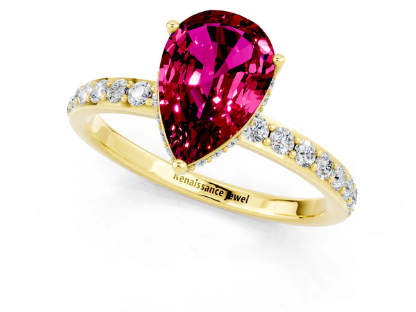Yellow gold Pear Cut Garnet Solitaire Ring with Pavé Band and Hidden Halo