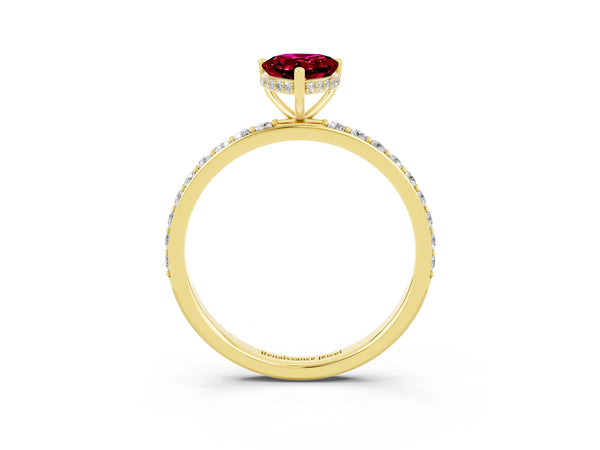 Yellow gold Pear Cut Garnet Solitaire Ring with Pavé Band and Hidden Halo
