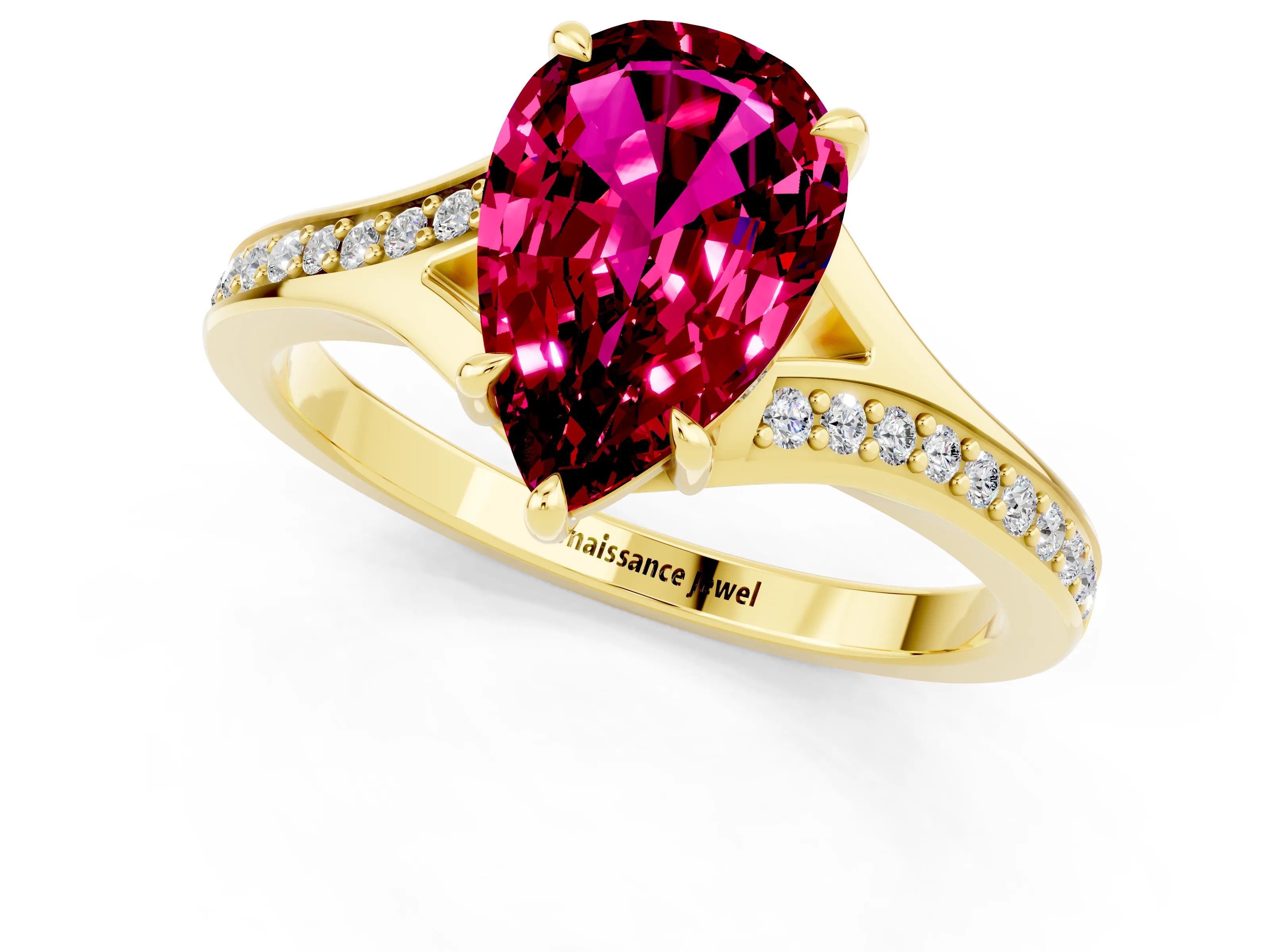 Yellow gold Pear Cut Garnet Solitaire Ring with Pavé Band and Prong Setting_13