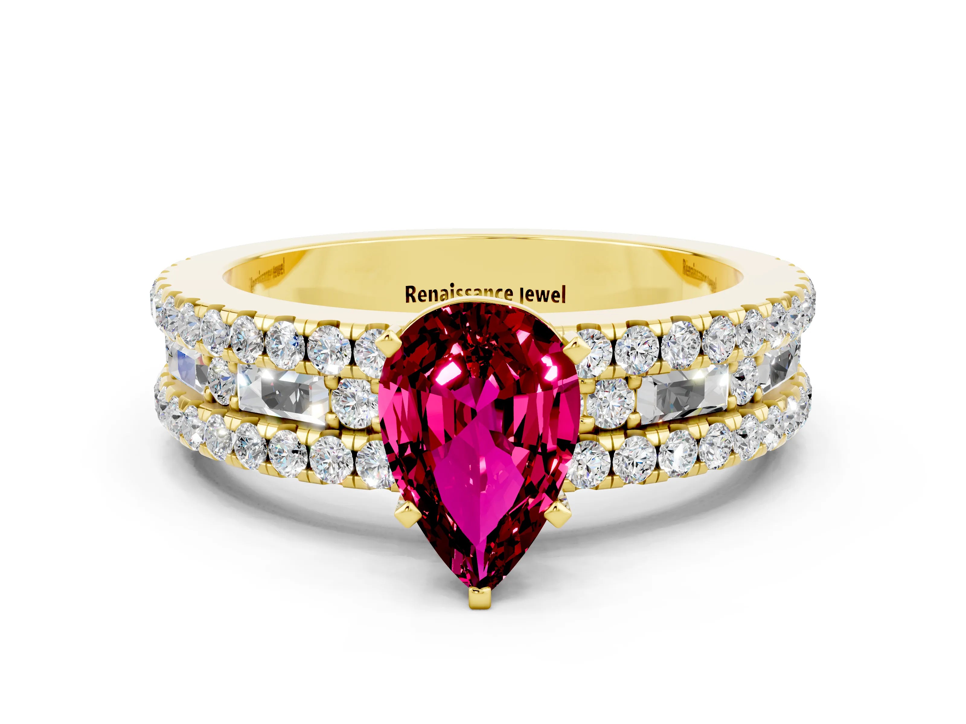 Yellow gold Pear Cut Garnet Solitaire Ring with Pavé and Channel Set Band