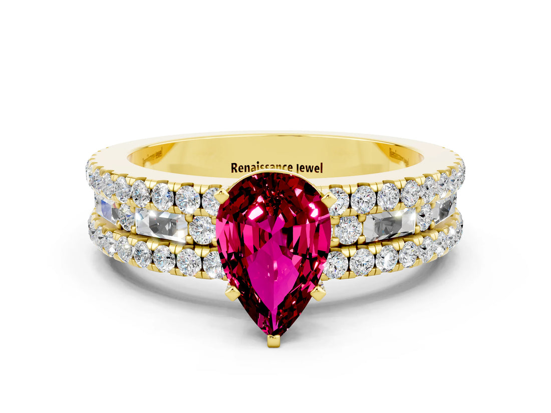 Yellow gold Pear Cut Garnet Solitaire Ring with Pavé and Channel Set Band