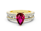 Yellow gold Pear Cut Garnet Solitaire Ring with Pavé and Channel Set Band