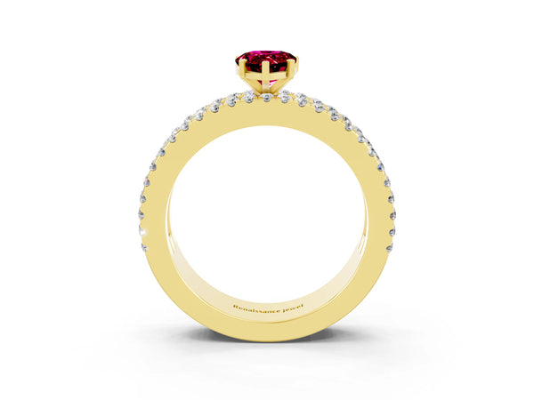 Yellow gold Pear Cut Garnet Solitaire Ring with Pavé and Channel Set Band