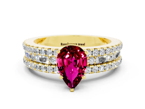 Yellow gold Pear Cut Garnet Solitaire Ring with Pavé and Channel Set Band