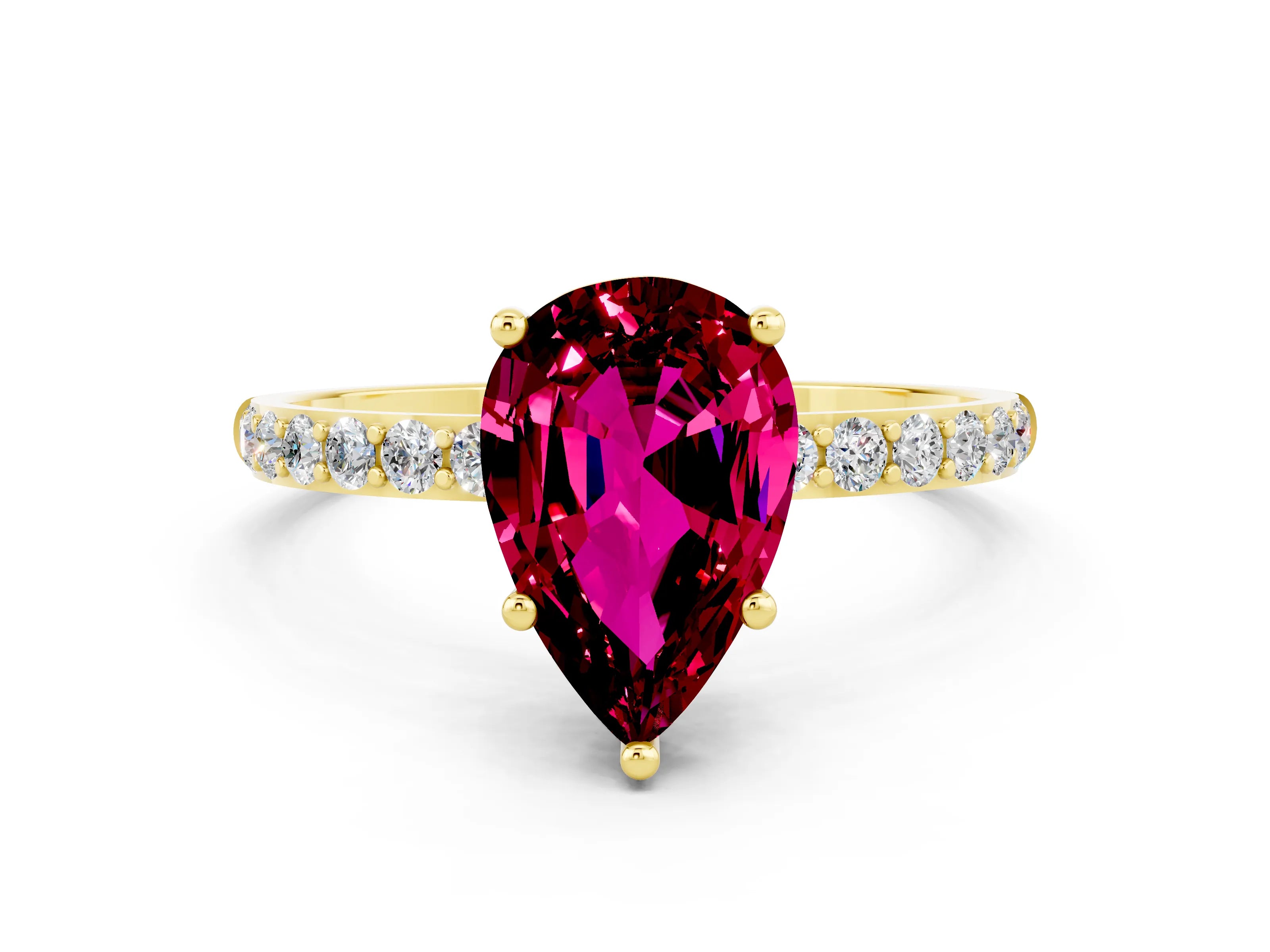 Yellow gold Pear Cut Garnet Solitaire Ring with Pave Band and Four Prong Setting_24