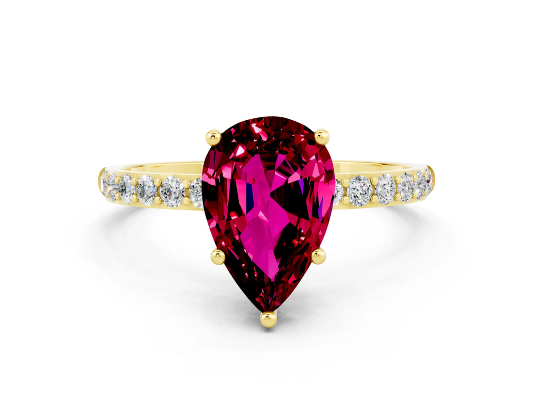 Yellow gold Pear Cut Garnet Solitaire Ring with Pave Band and Four Prong Setting_24
