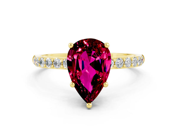 Yellow gold Pear Cut Garnet Solitaire Ring with Round  Pavé Band and Prong Setting