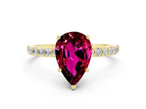 Yellow gold Pear Cut Garnet Solitaire Ring with Pave Band and Four Prong Setting_24