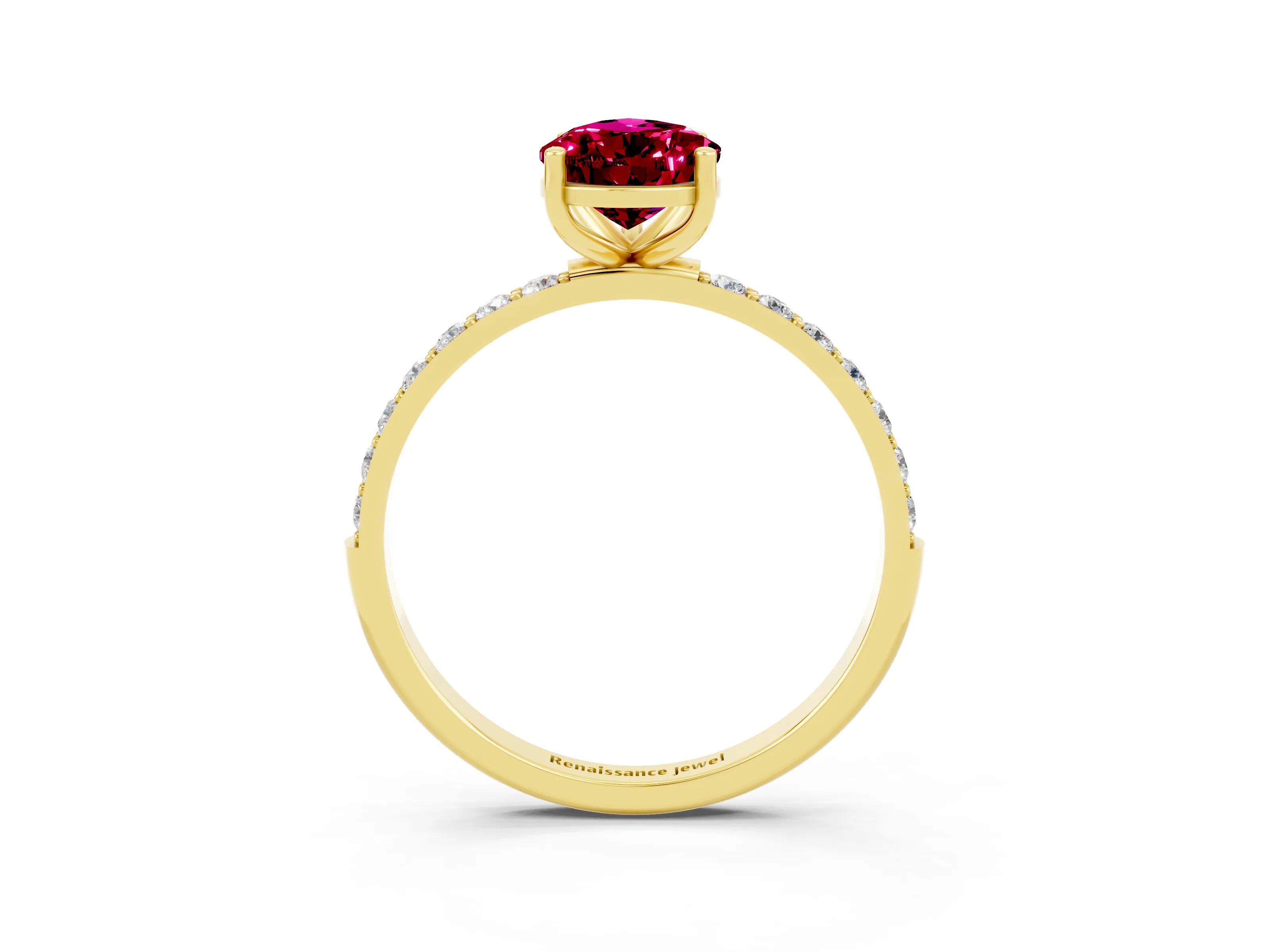 Yellow gold Pear Cut Garnet Solitaire Ring with Pave Band and Four Prong Setting_27