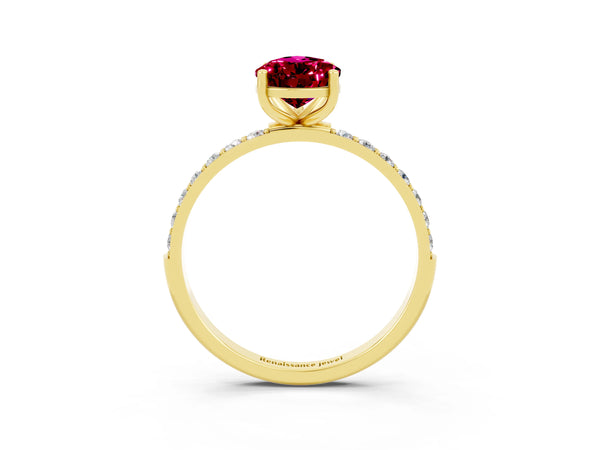 Yellow gold Pear Cut Garnet Solitaire Ring with Round  Pavé Band and Prong Setting