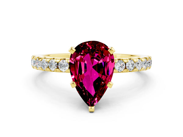 Yellow gold Pear Cut Garnet Solitaire Ring with Round Pavé Band and Four-Prong Setting