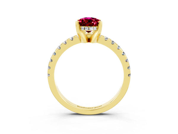 Yellow gold Pear Cut Garnet Solitaire Ring with Round Pavé Band and Four-Prong Setting