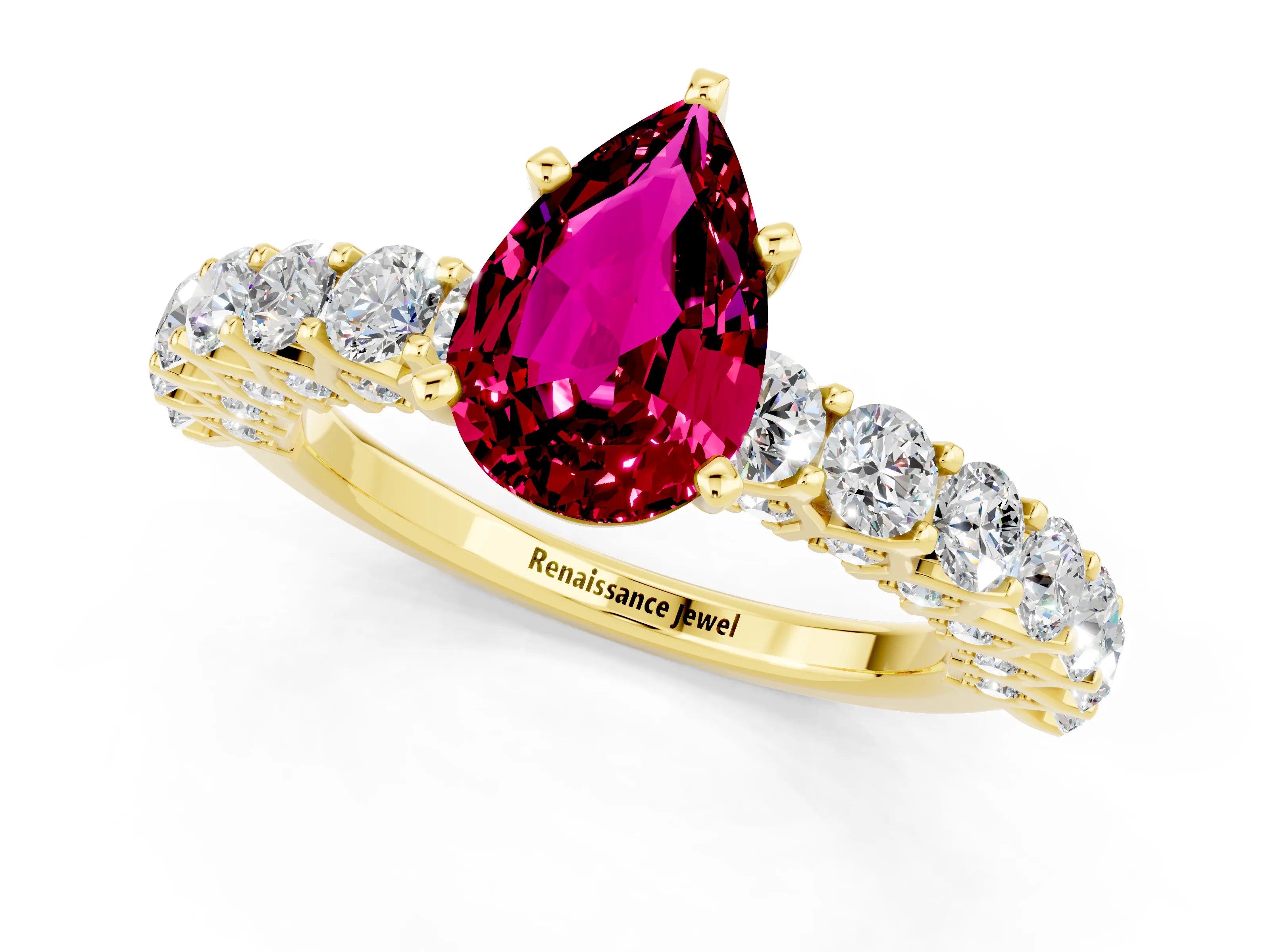 Yellow gold Pear Cut Garnet Solitaire Ring with Shared Prong Pavé Band and Four-Prong Setting_1