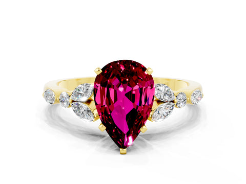Yellow gold Pear Cut Garnet Solitaire Ring with Side Stones and Four-Prong Setting_12