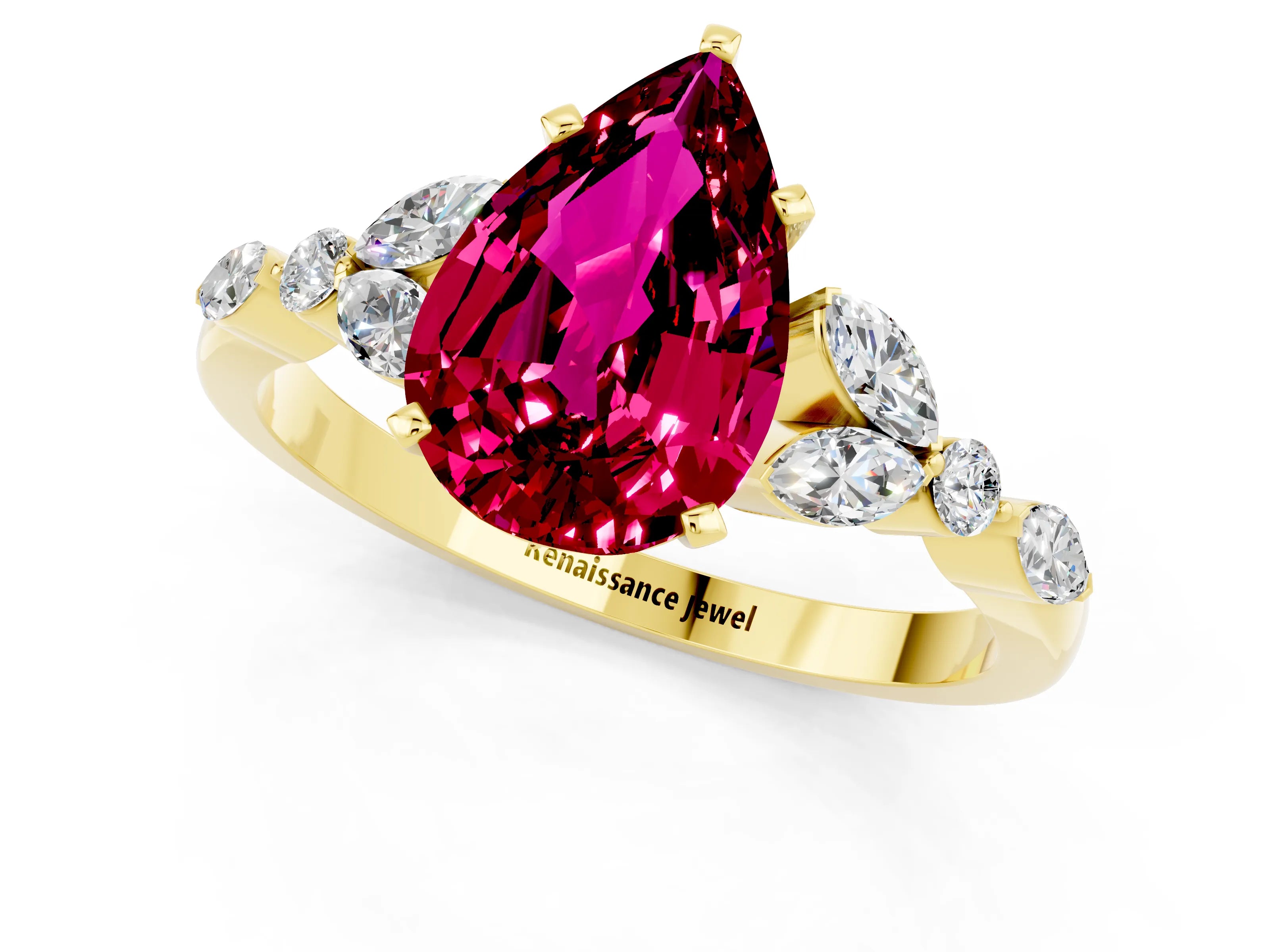 Yellow gold Pear Cut Garnet Solitaire Ring with Side Stones and Four-Prong Setting_13
