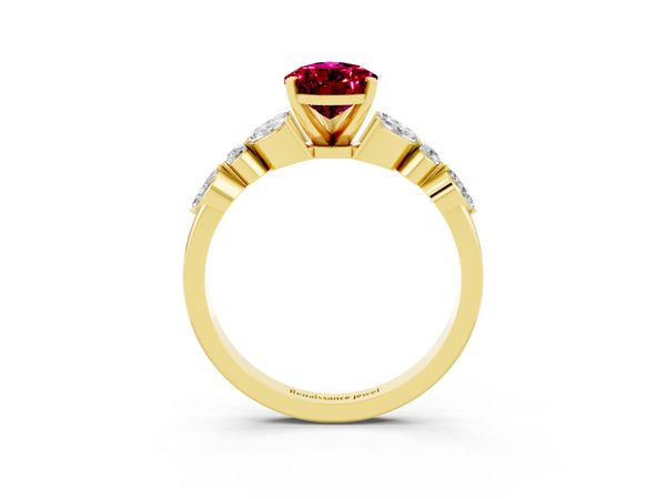 Yellow gold Pear Cut Garnet Solitaire Ring with Side Stones and Four-Prong Setting