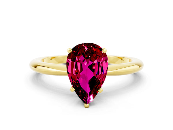 Yellow gold Pear Cut Garnet Solitaire Ring with Six-Prong Setting and Classic Band