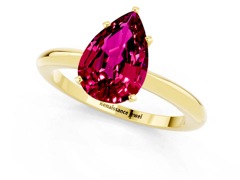 Yellow gold Pear Cut Garnet Solitaire Ring with Six-Prong Setting and Classic Band_1
