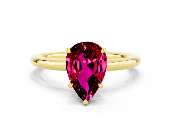 Yellow gold Pear Cut Garnet Solitaire Ring with Thin Band and Four-Prong Setting