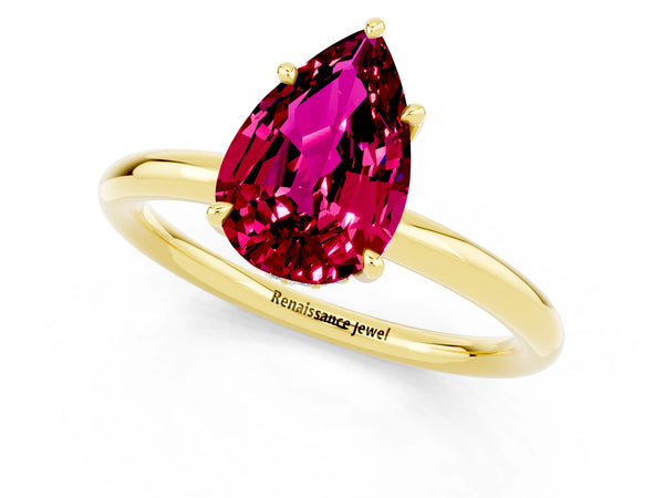 Yellow gold Pear Cut Garnet Solitaire Ring with Thin Band and Four-Prong Setting