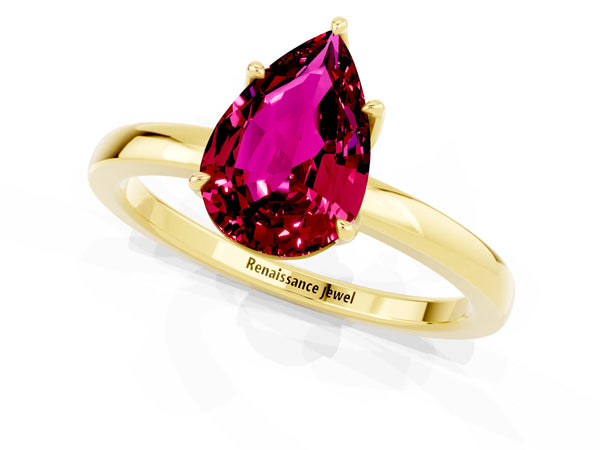 Yellow gold Pear Cut Garnet Solitaire Ring with Thin Band and Prong Setting