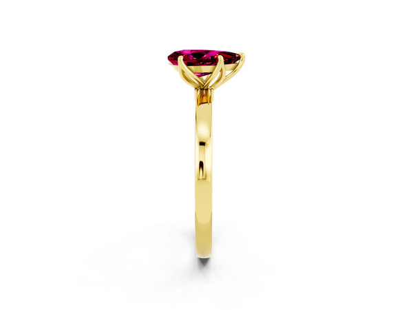 Yellow gold Pear Cut Garnet Solitaire Ring with Thin Band and Prong Setting