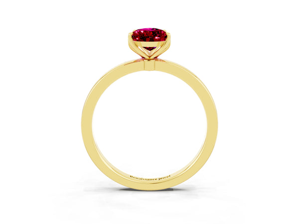 Yellow gold Pear Cut Garnet Solitaire Ring with Thin Band and Prong Setting