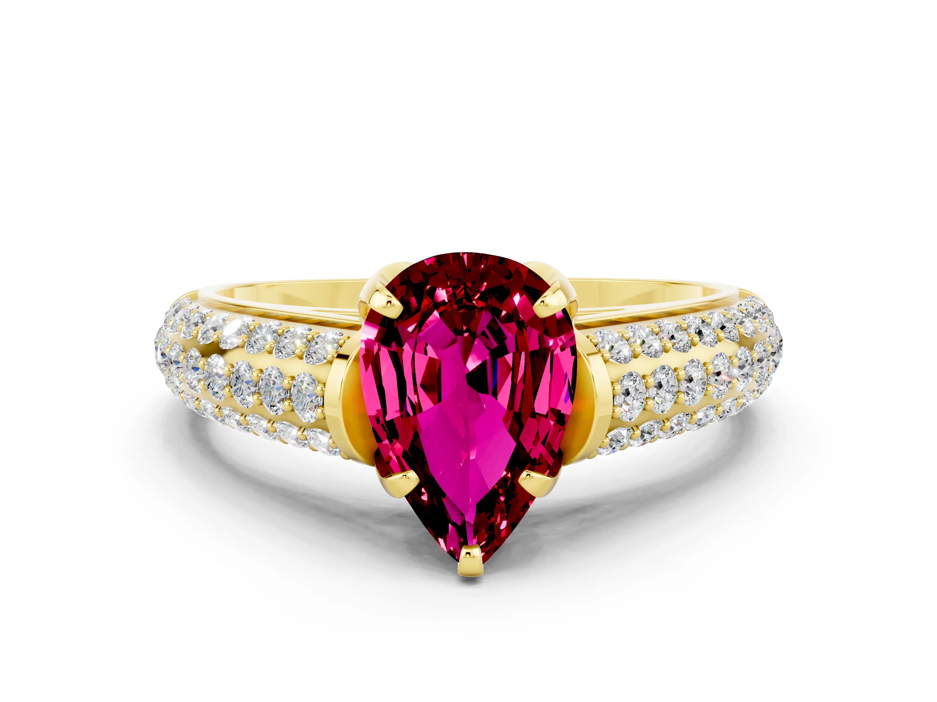 Yellow gold Pear Cut Garnet Solitaire Ring with Three-Row Pavé Band and Four-Prong Setting_12