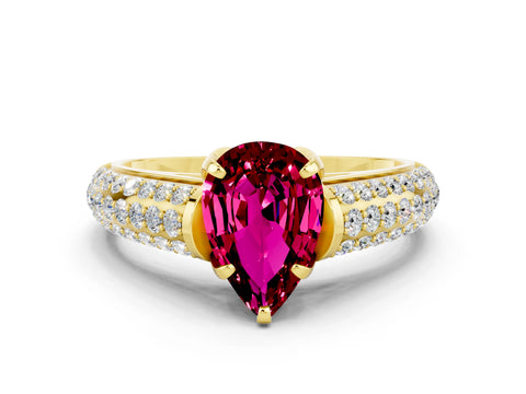 Yellow gold Pear Cut Garnet Solitaire Ring with Three-Row Pavé Band and Four-Prong Setting_12