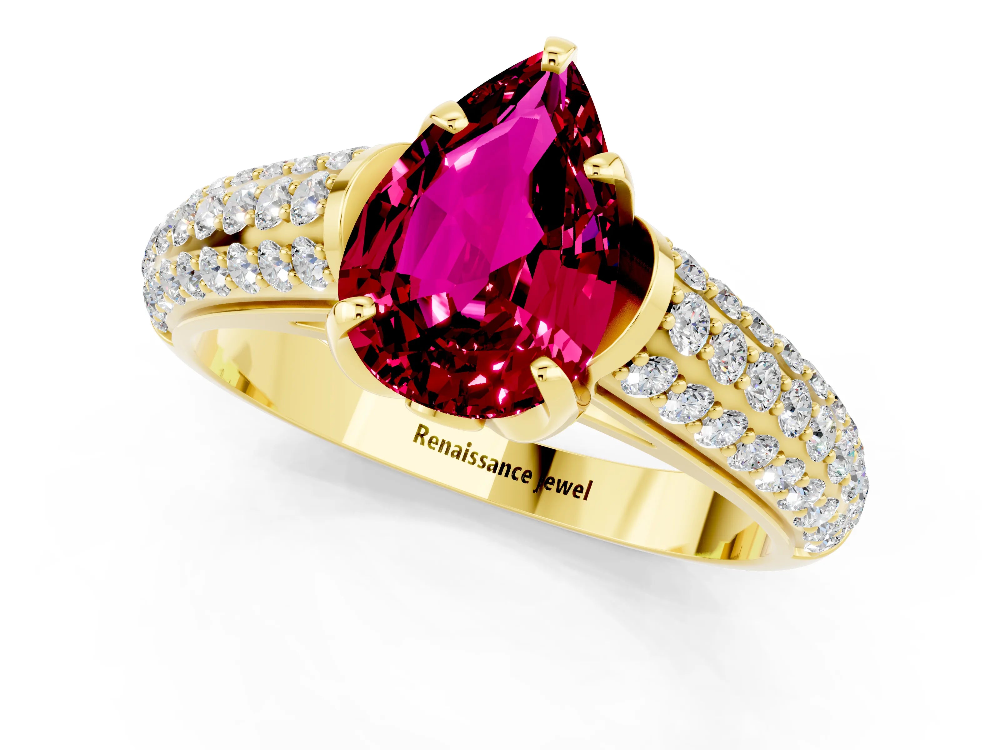Yellow gold Pear Cut Garnet Solitaire Ring with Three-Row Pavé Band and Four-Prong Setting_13