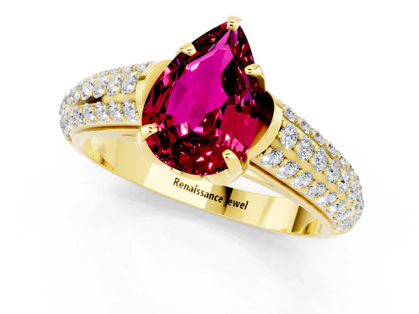 Yellow gold Pear Cut Garnet Solitaire Ring with Three-Row Pavé Band and Four-Prong Setting