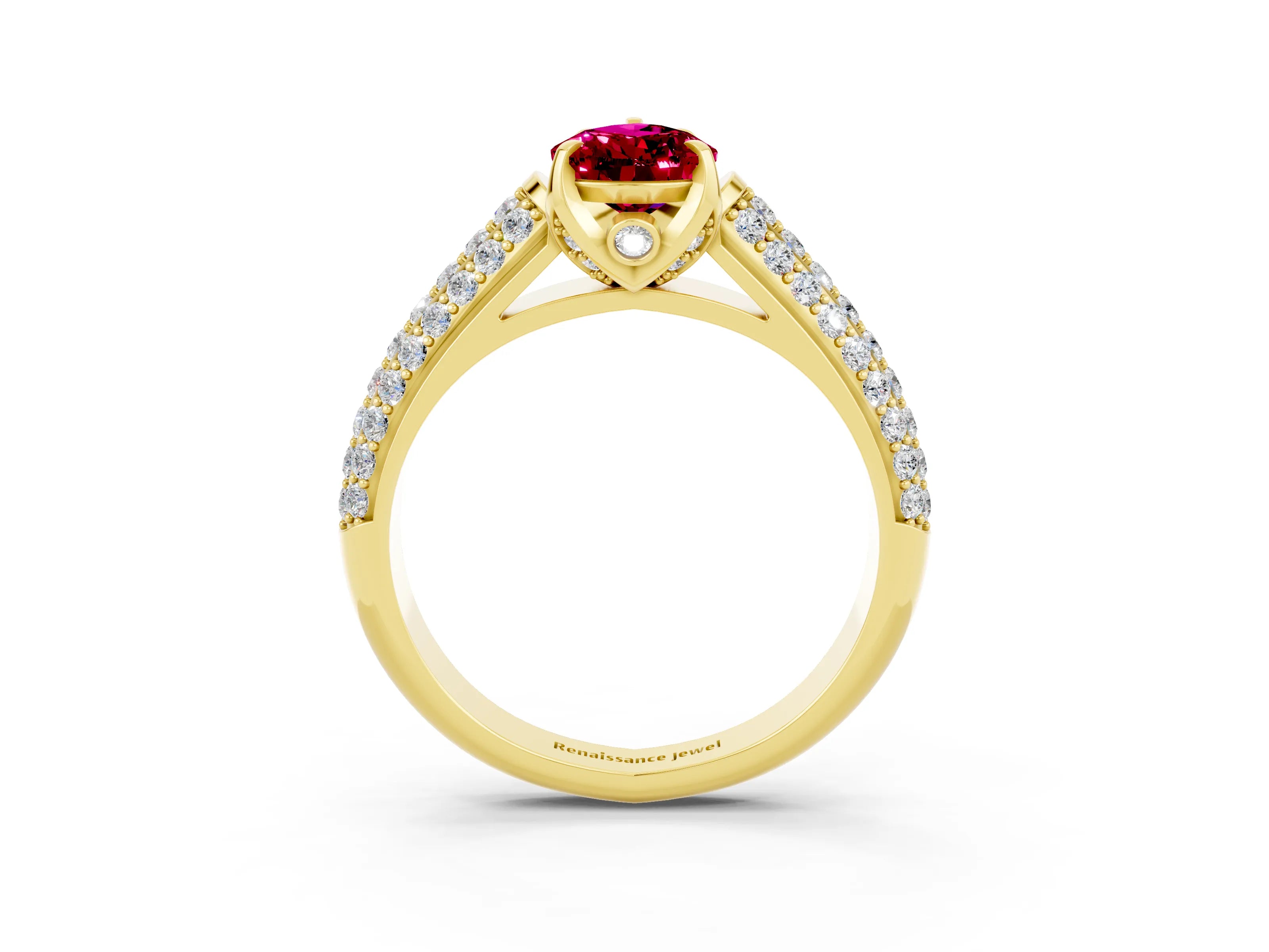 Yellow gold Pear Cut Garnet Solitaire Ring with Three-Row Pavé Band and Four-Prong Setting_15