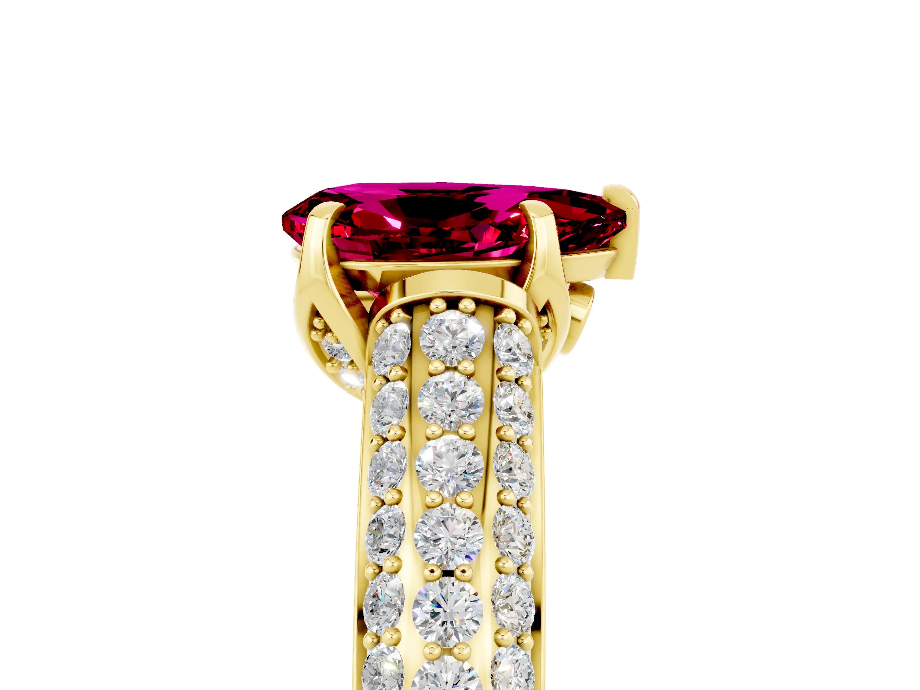 Yellow gold Pear Cut Garnet Solitaire Ring with Three-Row Pavé Band and Four-Prong Setting_17