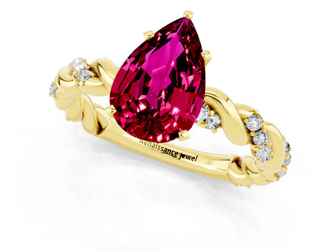 Yellow gold Pear Cut Garnet Solitaire Ring with Twisted Band and Pavé Accents_1