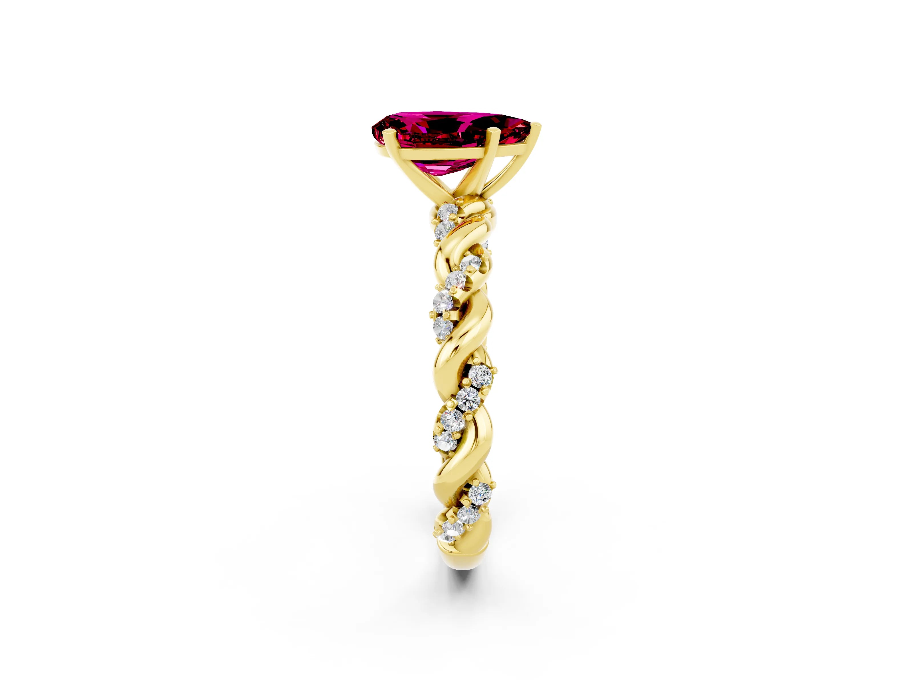 Yellow gold Pear Cut Garnet Solitaire Ring with Twisted Band and Pavé Accents_2