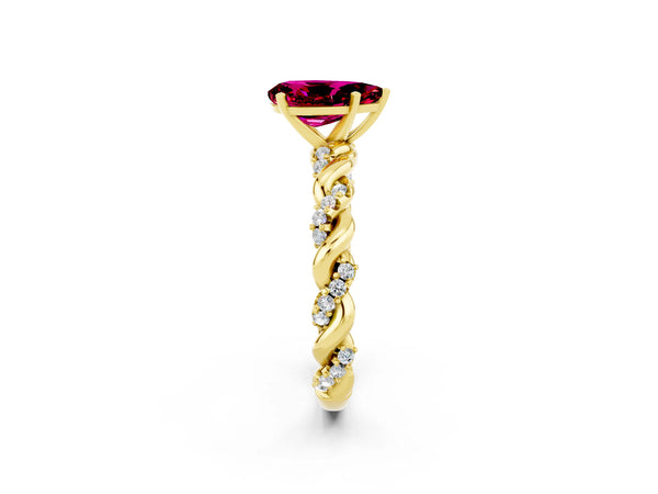 Yellow gold Pear Cut Garnet Solitaire Ring with Twisted Band and Pavé Accents