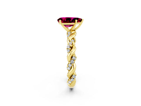 Yellow gold Pear Cut Garnet Solitaire Ring with Twisted Band and Pavé Accents_2