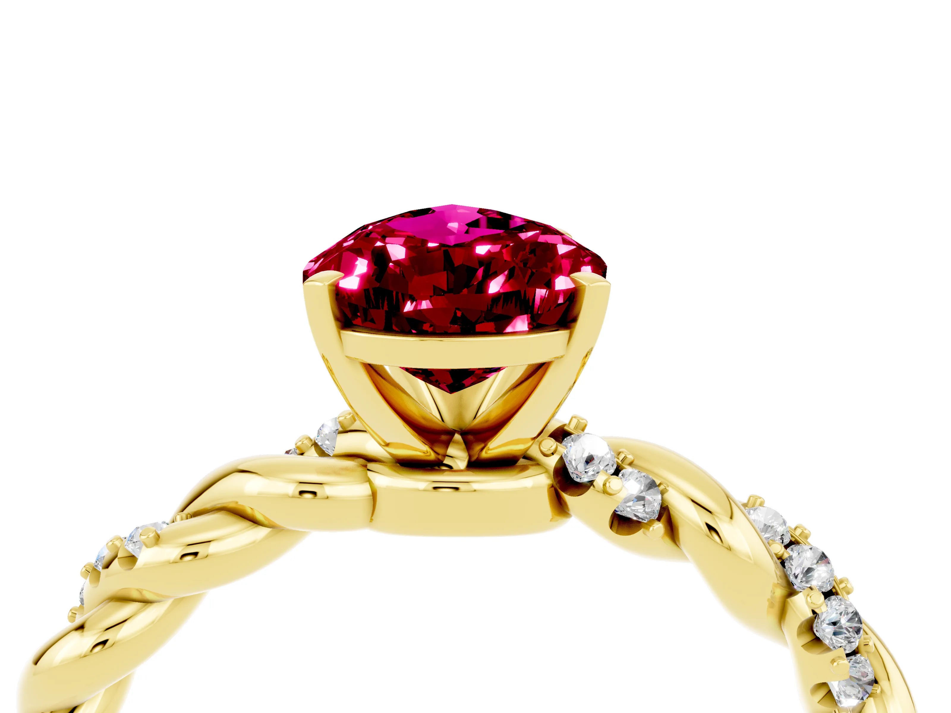 Yellow gold Pear Cut Garnet Solitaire Ring with Twisted Band and Pavé Accents_4