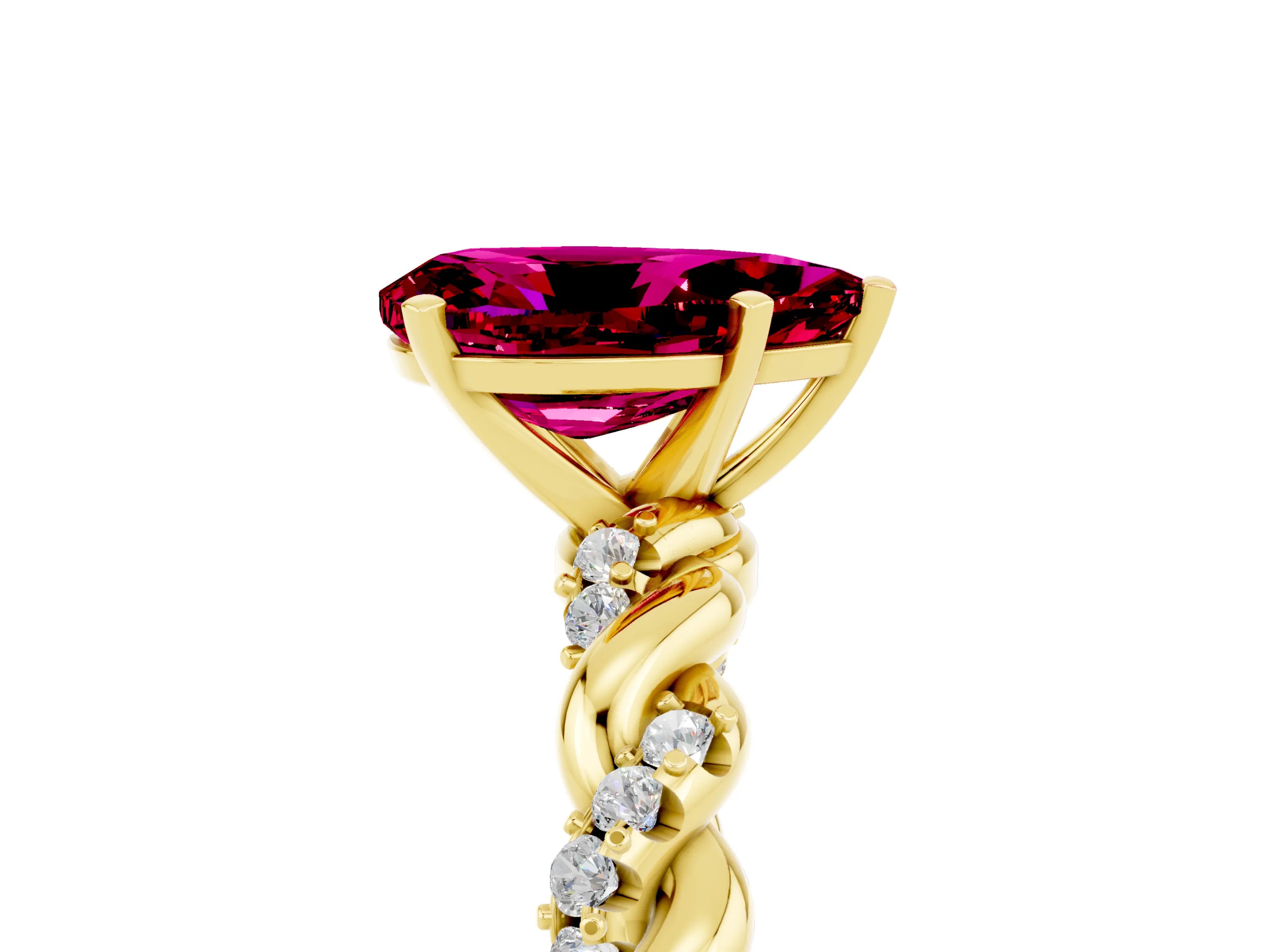 Yellow gold Pear Cut Garnet Solitaire Ring with Twisted Band and Pavé Accents_5