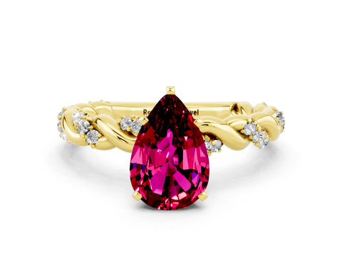 Yellow gold Pear Cut Garnet Solitaire Ring with Twisted Band and Pavé Accents