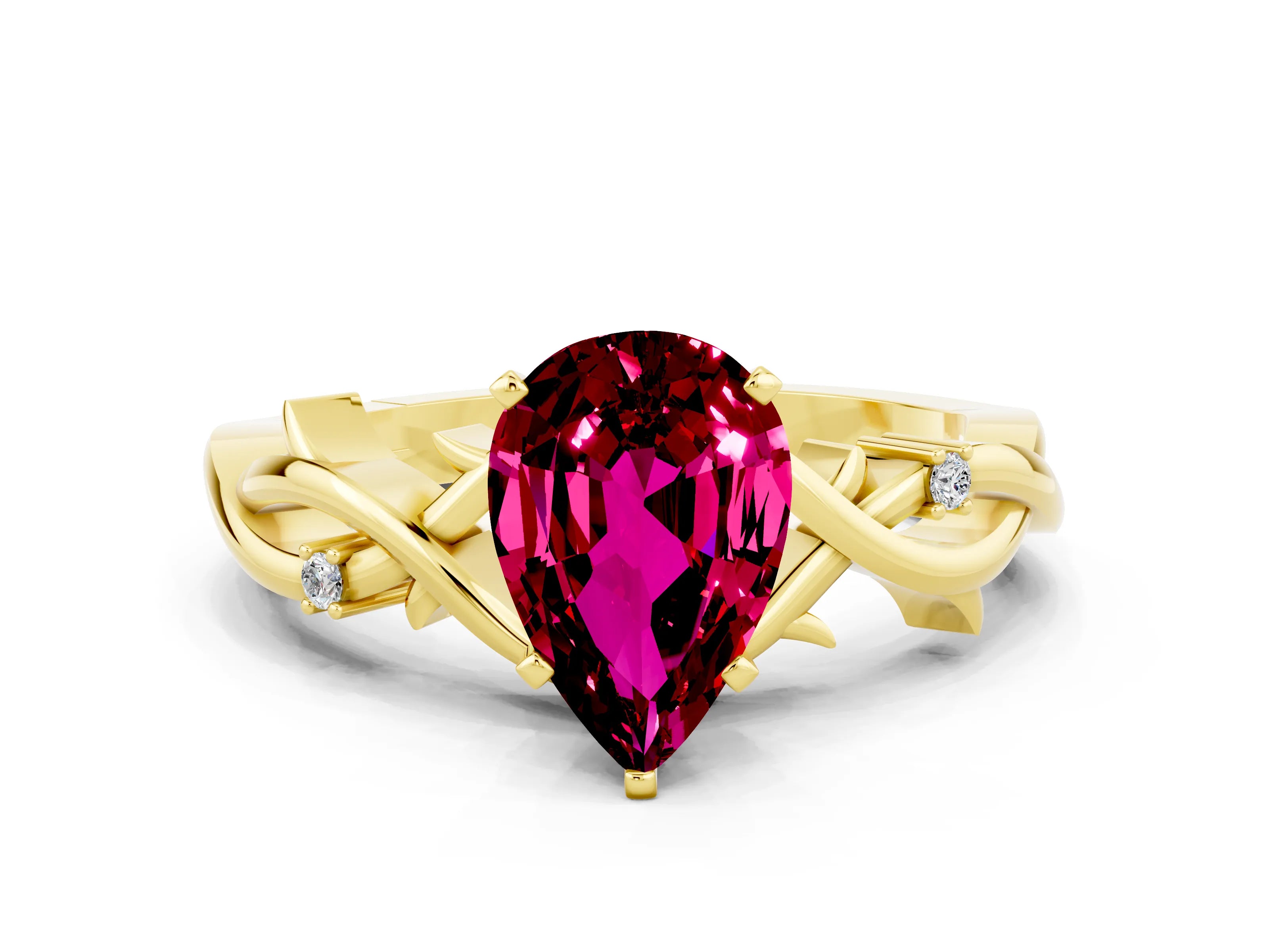 Yellow gold Pear Cut Garnet Solitaire Ring with Twisted Band and Prong Setting