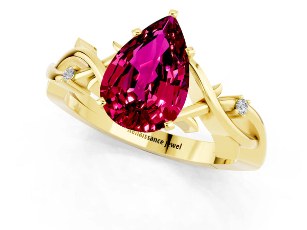 Yellow gold Pear Cut Garnet Solitaire Ring with Twisted Band and Prong Setting