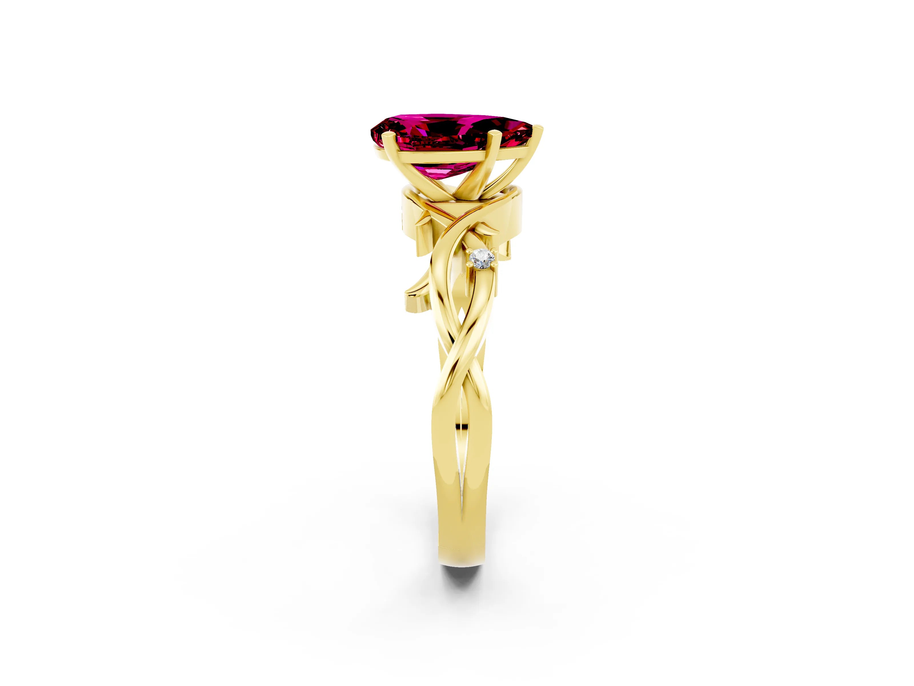 Yellow gold Pear Cut Garnet Solitaire Ring with Twisted Band and Prong Setting_2