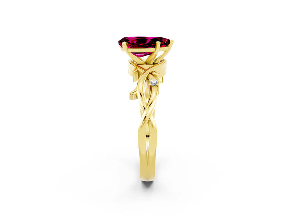 Yellow gold Pear Cut Garnet Solitaire Ring with Twisted Band and Prong Setting