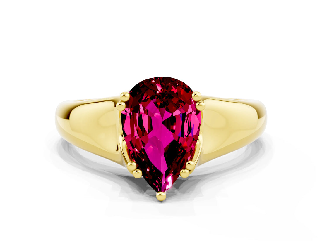 Yellow gold Pear Cut Garnet Solitaire Ring with Wide Band and Prong Setting