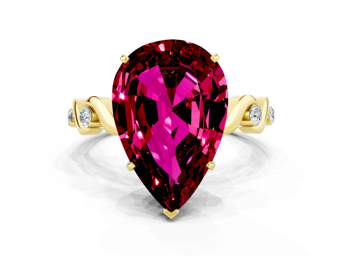 Yellow gold Pear Cut Garnet Solitaire Twisted Band with Round  Accents and Prong Setting_12