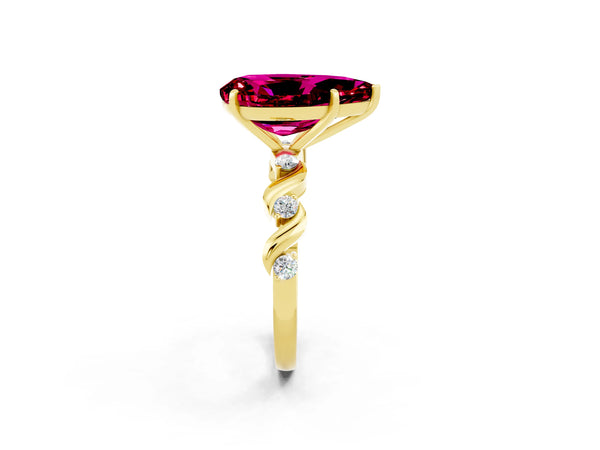 Yellow gold Pear Cut Garnet Solitaire Twisted Band with Round  Accents and Prong Setting