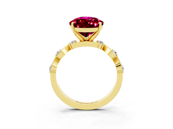 Yellow gold Pear Cut Garnet Solitaire Twisted Band with Round  Accents and Prong Setting
