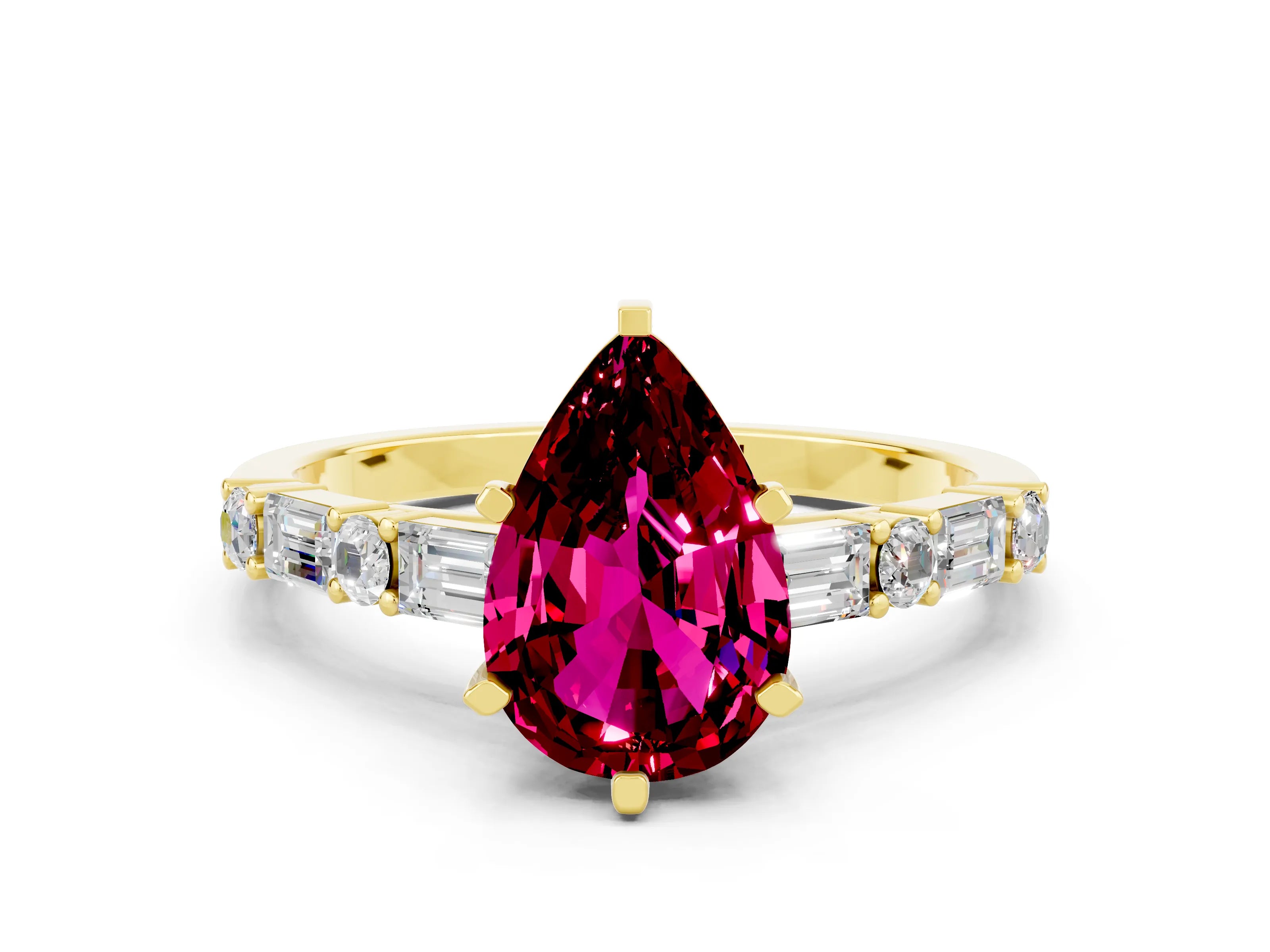 Yellow gold Pear Cut Garnet Solitaire with Side Baguettes and Channel Set Band