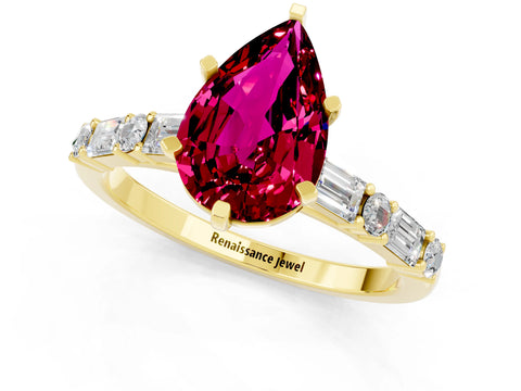 Yellow gold Pear Cut Garnet Solitaire with Side Baguettes and Channel Set Band_1